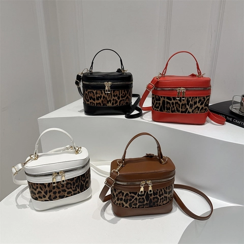 Borsa a Secchiello a Tracolla da Donna con Cuciture Leopardate Pelle PU Retro Cilindro Borsa a Mano Spalla Quotidiana Casual