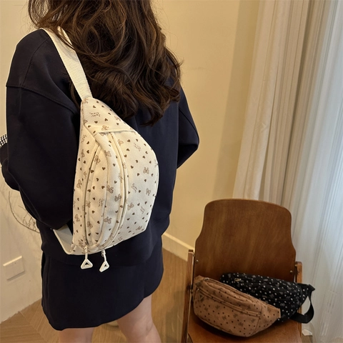 Women Casual Corduroy Waist Bag Heart Bowknot Print Chest Bag Korean Style Crossbody Shoulder Bag For Daily Travel Gift