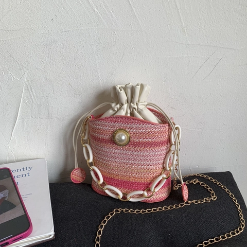 Fashion Woven Straw Bucket Bag With Artificial Pearl Decoration Drawstring Shoulder Crossbody Bag Metal Acrylic Chain Strap Women Handbag