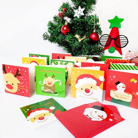 Mini Christmas Greeting Card Set Cartoon Santa Claus Reindeer Patterns Holiday Blessing Cards With Envelopes For Xmas Gift