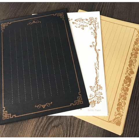 Vintage Writing Paper Retro Stationery Dowling Kraft Black Paper Gold Floral Rabbit Pattern For Letter Correspondence Elegant Letterhead