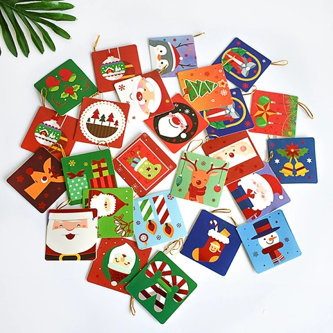 Christmas Tree Decoration Hanging Tags Paper Greeting Cards Gold String Cartoon Santa Claus Snowman Reindeer Xmas Party Favors