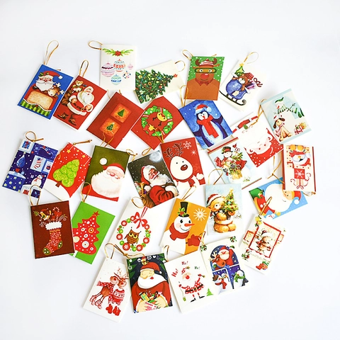 Christmas Tree Decoration Hanging Tags Paper Greeting Cards Gold String Cartoon Santa Claus Snowman Reindeer Xmas Party Favors