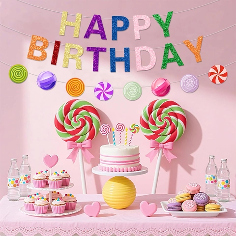 Buntes Glitzer Süßigkeiten Happy Birthday Banner Lutscher Form Papier Banner Für Kinder Geburtstag Party Dekoration Zubehör
