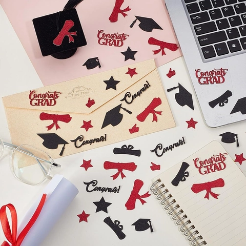 Coriandoli per Laurea in Carta Glitterata Con Forme a Tocco e Pergamena Rosso Nero Decorazione Tavolo per Festa