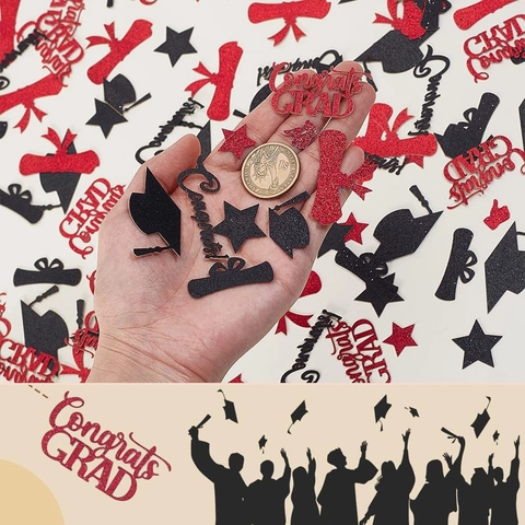Coriandoli per Laurea in Carta Glitterata Con Forme a Tocco e Pergamena Rosso Nero Decorazione Tavolo per Festa