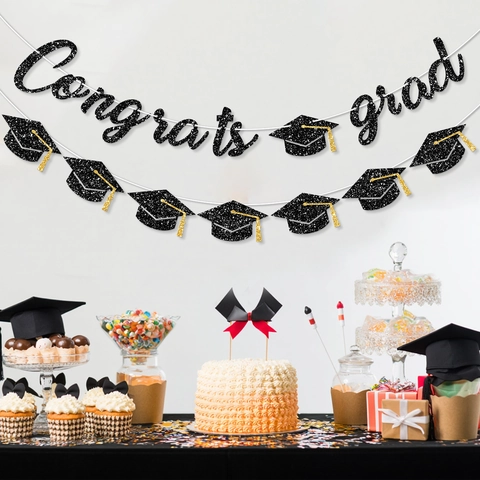 Striscione Congrats Grad Decorazioni Festa di Laurea 2026 Nero Oro Glitter Ghirlanda Tocco Accademico Per Cerimonia di Laurea Decorazione Appendere