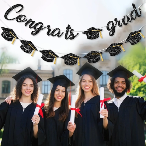 Striscione Congrats Grad Decorazioni Festa di Laurea 2026 Nero Oro Glitter Ghirlanda Tocco Accademico Per Cerimonia di Laurea Decorazione Appendere