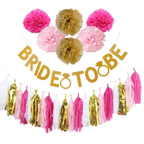 Striscione Bride To Be Brillantinato Segno Anello Fiori di Carta Pom Poms Nappine Decorazione Festa Matrimonio Rosa Oro