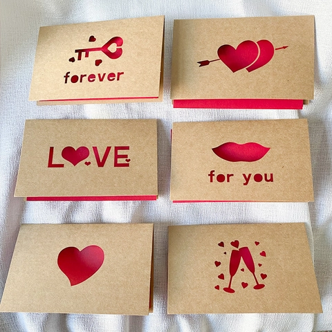 Laser Cut Kraft Paper Hollow Heart Love Greeting Cards With Envelopes Romantic Blessing Cards For Valentine Day Birthday Wedding Anniversary Party