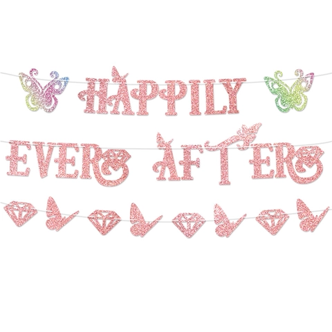 Glitter Paper Happily Ever After Banner With Butterfly Diamond Garland For Wedding Party Birthday Hanging Decoration