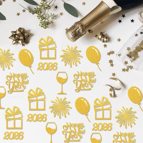 2026 New Year Glitter Confetti Happy New Year Table Scatter For Party Decoration Fireworks Balloon Wine Glass Shape Festive Ornament