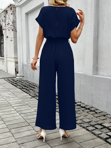 Tuta Elegante Donna Manica Corta Girocollo Gamba Larga Pantaloni Lunghi Con Cintura Puro Poliestere Casual Tinta Unita