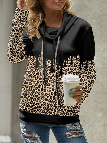 Women Leopard Print Patchwork Hoodie Long Sleeve Cowl Neck Drawstring Pullover Polyester Casual Drip Design Sweatshirt