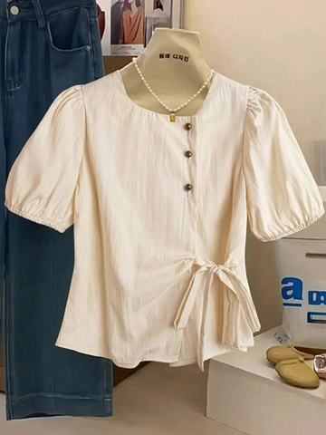 Dames Vintage Pofmouwen Blouse Zijknop Strik Effen Kleur Korte Mouw Top Elegant Urban Leisure Shirt