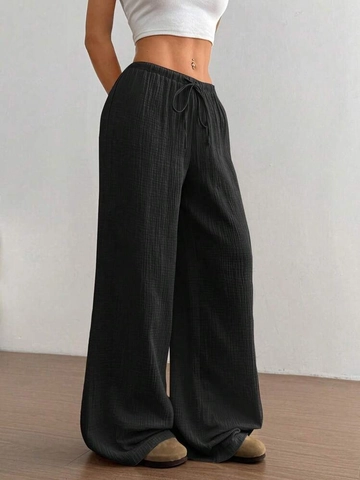 Pantaloni Casual da Donna a Gamba Larga Testurizzati a Vita Alta con Coulisse Elastica Tinta Unita Larghi in Poliestere