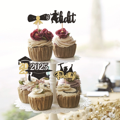 Graduation Cupcake Toppers Glitter Cardstock And Wood Class Of 2025 Party Decoration Congrats Grad Finally I Did It Cap Certificate