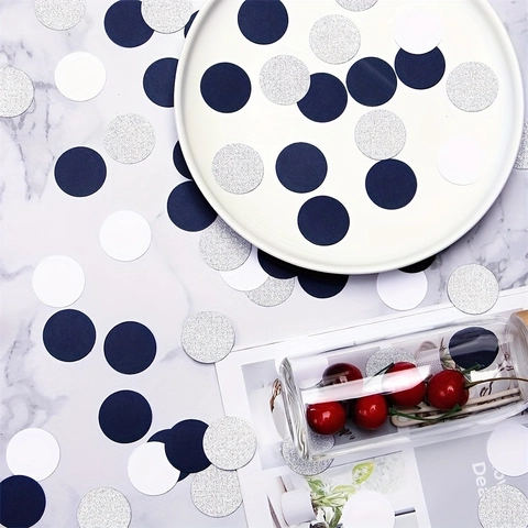 Round Paper Confetti Silver Glitter Dark Blue White Circular Table Scatter For Wedding Birthday Graduation Party Decor