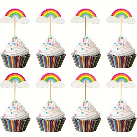 Rainbow Cloud Cake Toppers Paper Cupcake Picks Wood Sticks Back To School Party Decoration Children Gift Bakery Supplies