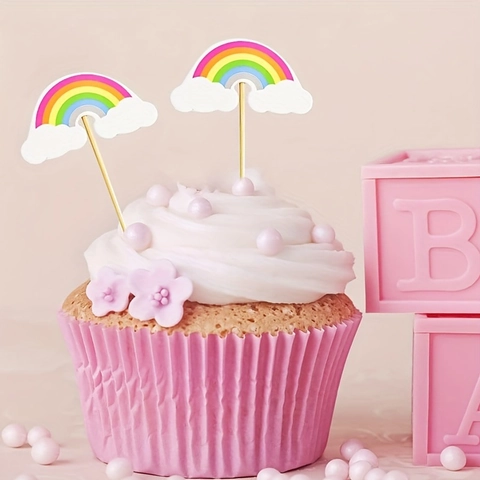 Rainbow Cloud Cake Toppers Paper Cupcake Picks Wood Sticks Back To School Party Decoration Children Gift Bakery Supplies