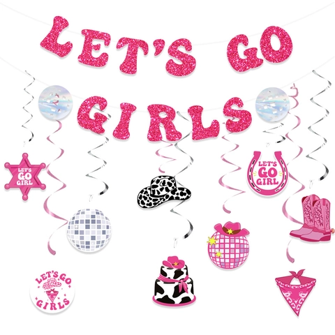 Lets Go Girls Disco Cowgirl Party Decorations Set Pink Glitter Letter Banner Western Cowboy Hat Boots Spiral Foil Swirls Bachelorette Birthday Party Supplies
