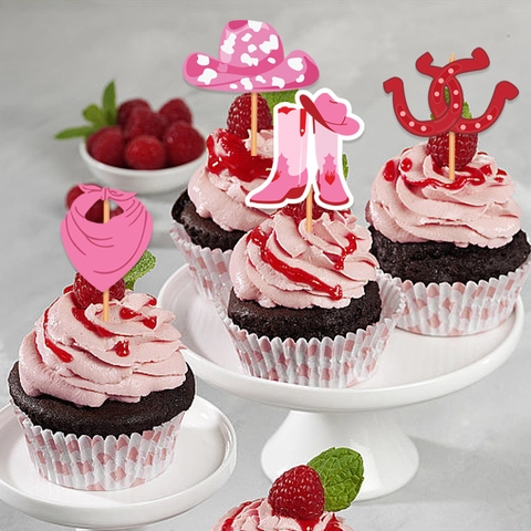 Adornos Tarta Fiesta Vaquero Tema Disco Cupcake Papel Madera Rosa Sombrero Botas Guitarra Gafas Corazón Herradura para Suministros Fiesta Cumpleaños