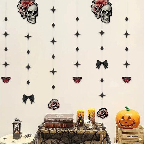 Gothic Halloween Skelett Hängende Girlande Dekoration Mit Rose Schmetterling Stern Papier Banner Für Party Wanddeko