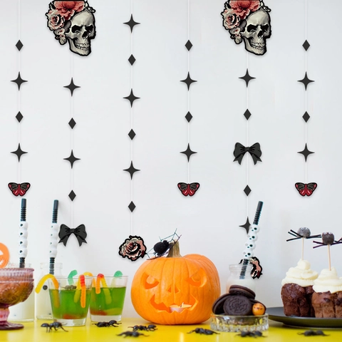 Gothic Halloween Skelett Hängende Girlande Dekoration Mit Rose Schmetterling Stern Papier Banner Für Party Wanddeko