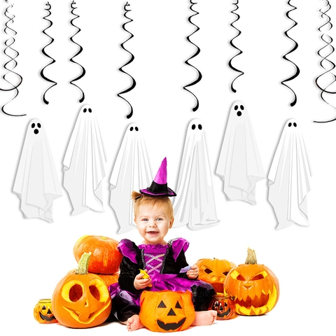 Decorazioni Appese Di Halloween Vortice Fantasmi Di Carta Bianca E Stelle Filanti A Spirale In Plastica Nera