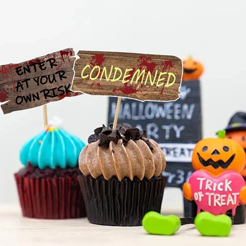 Halloween Cupcake Toppers Set Horror Warning Sign Cake Decorations With Wood Sticks For Party Food Dessert Decoration