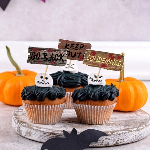 Halloween Cupcake Toppers Set Horror Warning Sign Cake Decorations With Wood Sticks For Party Food Dessert Decoration