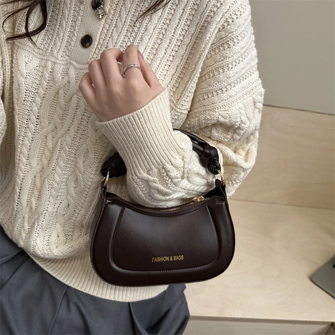 Borsa a Tracolla a Mezzaluna da Donna in Pelle PU Manico Annodato Borsa a Spalla Minimalista Con Stampa di Lettere Hardware Dorato