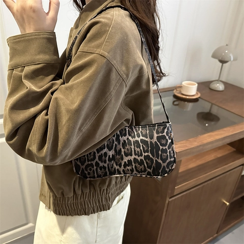 Damen Retro Leopardenmuster Unterarmtasche PU Leder Mode Baguette Schultertasche Trendy Streetwear Casual Handtasche