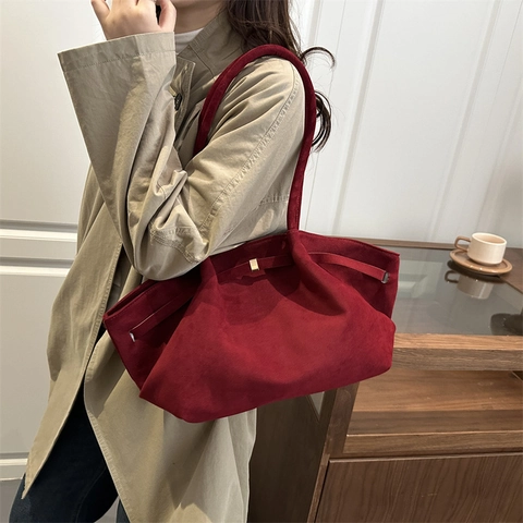 Damen Wildleder Große Kapazität Tragetasche Minimalistisch Vintage Unterarm Umhängetasche Einfarbig Pendler Shopper Handtasche