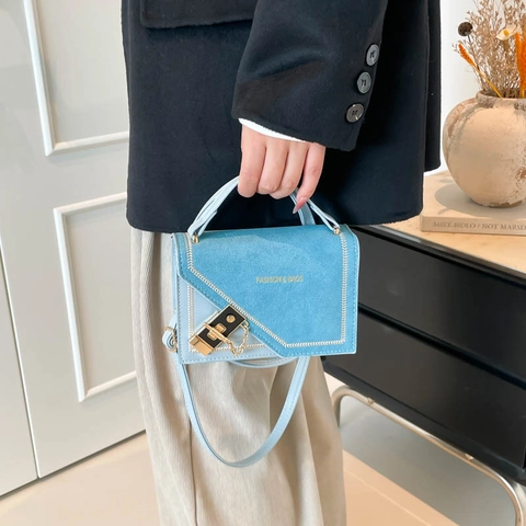 Damen PU Leder Wildleder Nähte Umhängetasche Elegante Schloss Handtasche Kette Kleine Quadratische Schultertasche Täglich