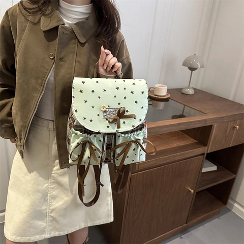 Dolce Zaino a Quadri Verde Menta Con Stampa a Stelle per Donna Fiocco in Tela Cuciture Borsa da Scuola Grande Capacità