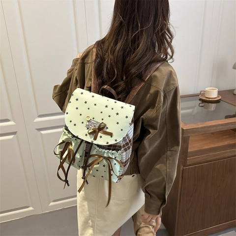 Dolce Zaino a Quadri Verde Menta Con Stampa a Stelle per Donna Fiocco in Tela Cuciture Borsa da Scuola Grande Capacità