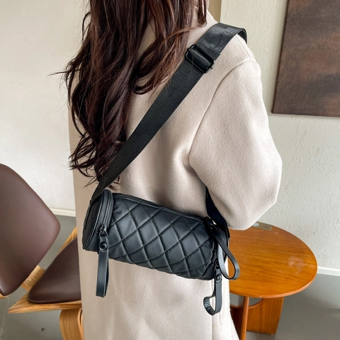 Borsa a Tracolla Cilindro da Donna Trapuntata a Rombi Moda in Pelle PU con Tracolla Larga Regolabile