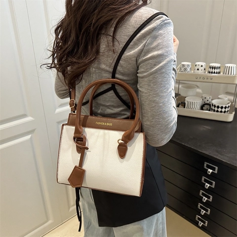 Borsa a Tracolla da Donna in Pelle PU con Trama Lychee Borsa a Mano Color Block con Manico per Ufficio Quotidiano Stile Urban
