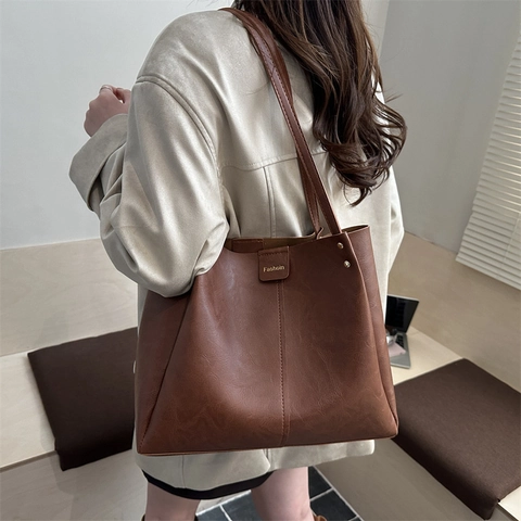 Bolso Tote de Cuero PU Vintage Gran Capacidad Color Sólido Bolso de Hombro para Mujer Oficina Viaje Diario Bolso de Mano