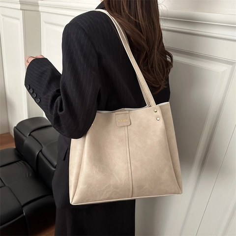 Bolso Tote de Mujer Retro Simple de Gran Capacidad de Cuero de PU Moda Versátil Viaje Bolso de Hombro Bolso de Axila Color Sólido