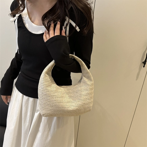 Damen Gewebte Handtasche Minimalistische Hobo Tasche Stroh Stil Reißverschluss Kleine Knödeltasche Für Sommer Strand Alltag