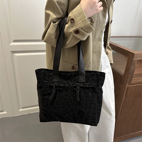 Leopardenmuster Einkaufstasche Große Kapazität Canvas Schultertasche Vintage Casual Streetwear Handtasche Für Büro Shopping Damen
