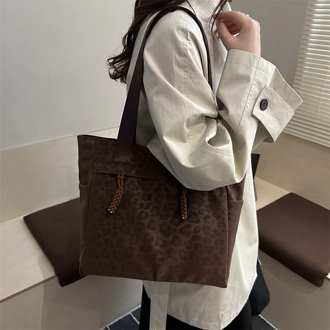 Leopardenmuster Einkaufstasche Große Kapazität Canvas Schultertasche Vintage Casual Streetwear Handtasche Für Büro Shopping Damen
