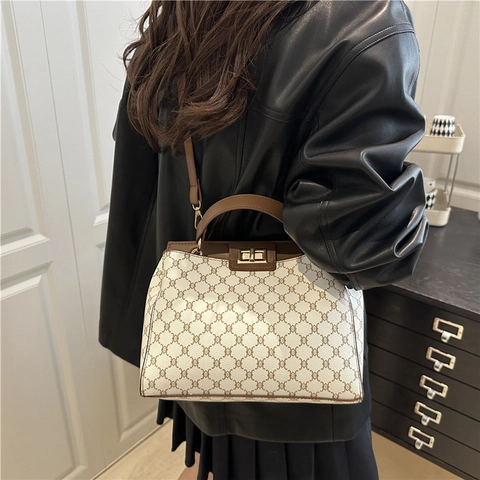 Vintage French Style Old Flower Pattern Women's Handbag PU Leather Crossbody Shoulder Bag With Gold Lock Retro Satchel