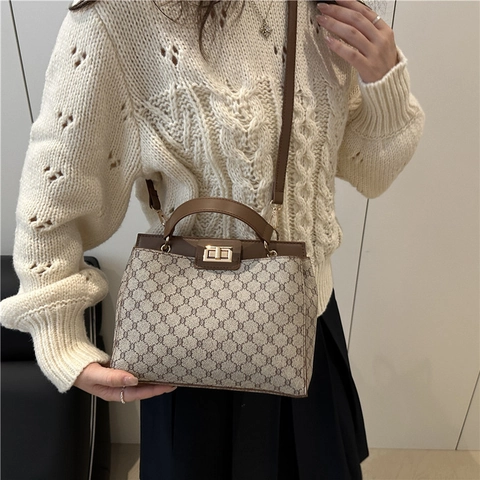 Vintage French Style Old Flower Pattern Women's Handbag PU Leather Crossbody Shoulder Bag With Gold Lock Retro Satchel