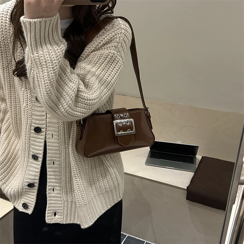 Women Vintage PU Leather Underarm Bag Retro Solid Color Shoulder Bag With Large Silver Buckle Casual Baguette Bag