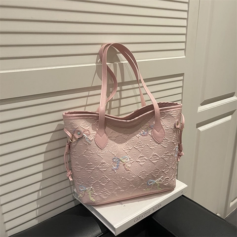 Bolso Tote Acolchado con Lazo Bordado para Mujer Gran Capacidad Cuero PU Bolso de Hombro para Viaje Al Trabajo Ocio