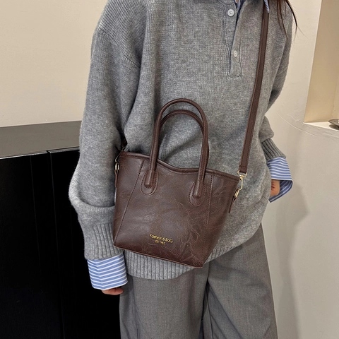 Vintage PU Leather Tote Bag Versatile Crossbody Shoulder Handheld Urban Minimalist Litchi Texture For Women