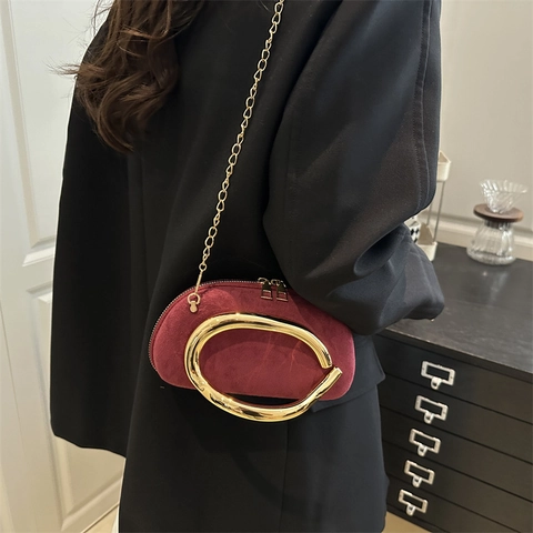 Women Faux Suede Evening Bag Metal Ring Handle Chain Strap Crossbody Clutch Elegant Banquet Party Fashion Handbag